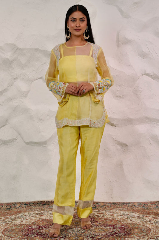 Designer Organza Short Kurti And Dupion Silk Pant Set With Dori Work