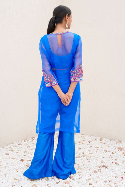 Royal Blue Indo Western Set with Organza Kurta Dolla Silk Bustier And Palazzo