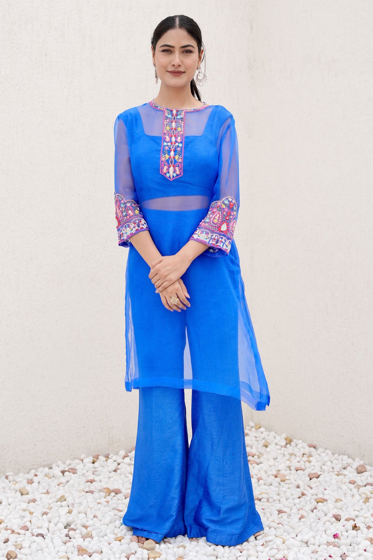 Royal Blue Indo Western Set with Organza Kurta Dolla Silk Bustier And Palazzo