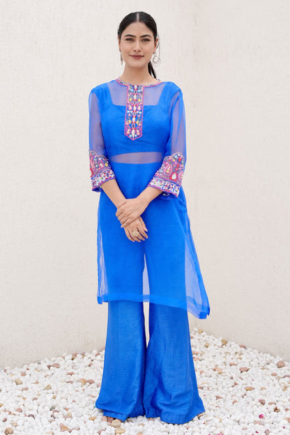 Royal Blue Indo Western Set with Organza Kurta Dolla Silk Bustier And Palazzo