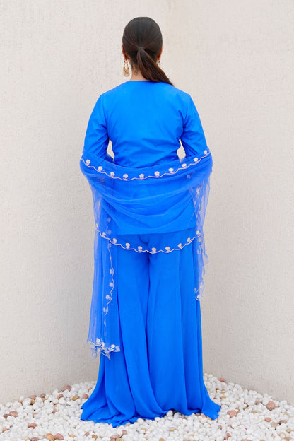 Royal Blue Silk Kurta with Heavy Handwork and Chiffon Flared Palazzo