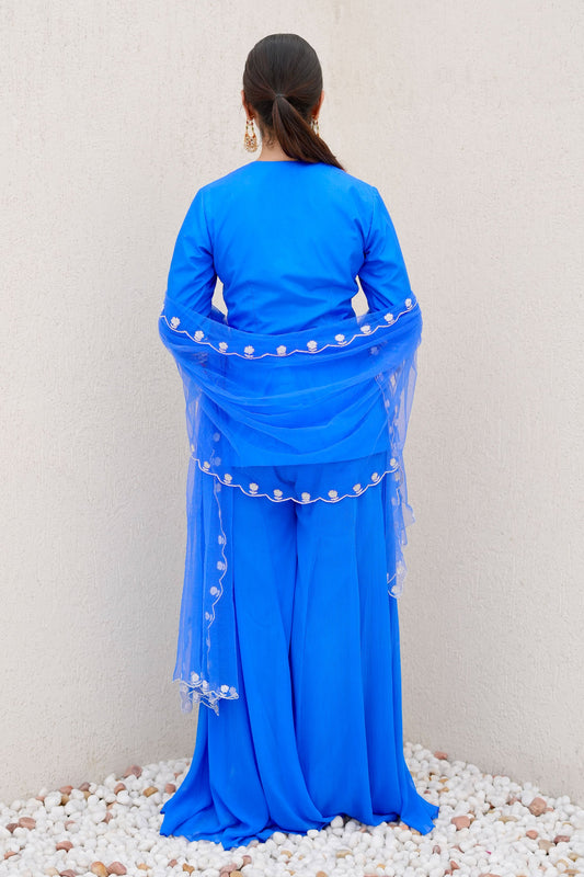 Royal Blue Silk Kurta with Heavy Handwork and Chiffon Flared Palazzo