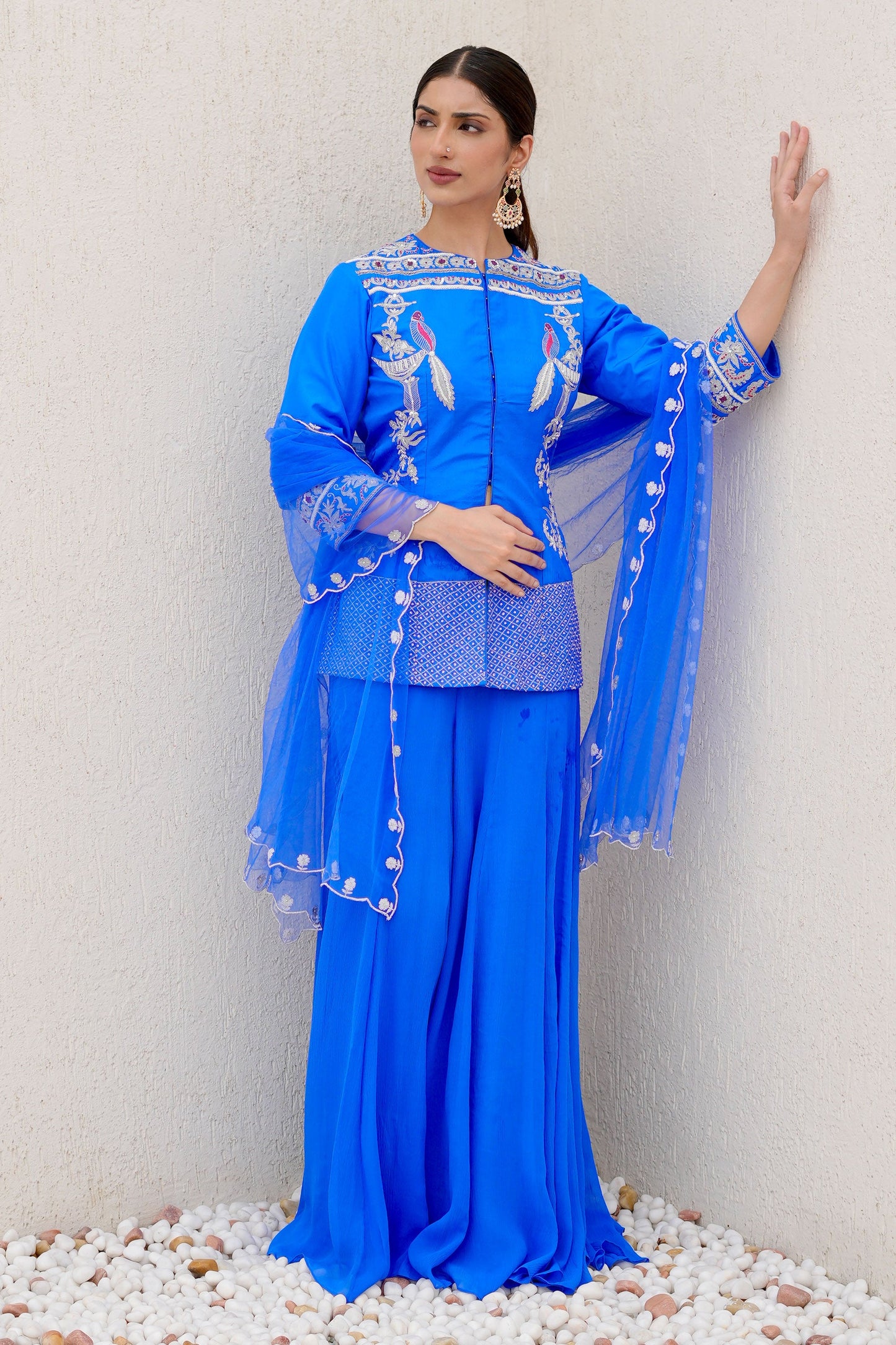 Royal Blue Silk Kurta with Heavy Handwork and Chiffon Flared Palazzo