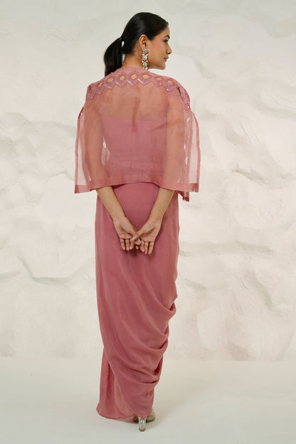Designer Salmon Organza Jacket with Hand Embellishment And Crepe Cowl Dhoti