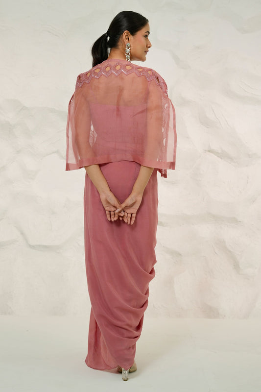 Designer Salmon Organza Jacket with Hand Embellishment And Crepe Cowl Dhoti