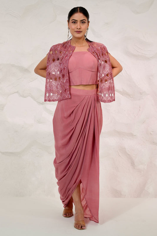 Designer Salmon Organza Jacket with Hand Embellishment And Crepe Cowl Dhoti
