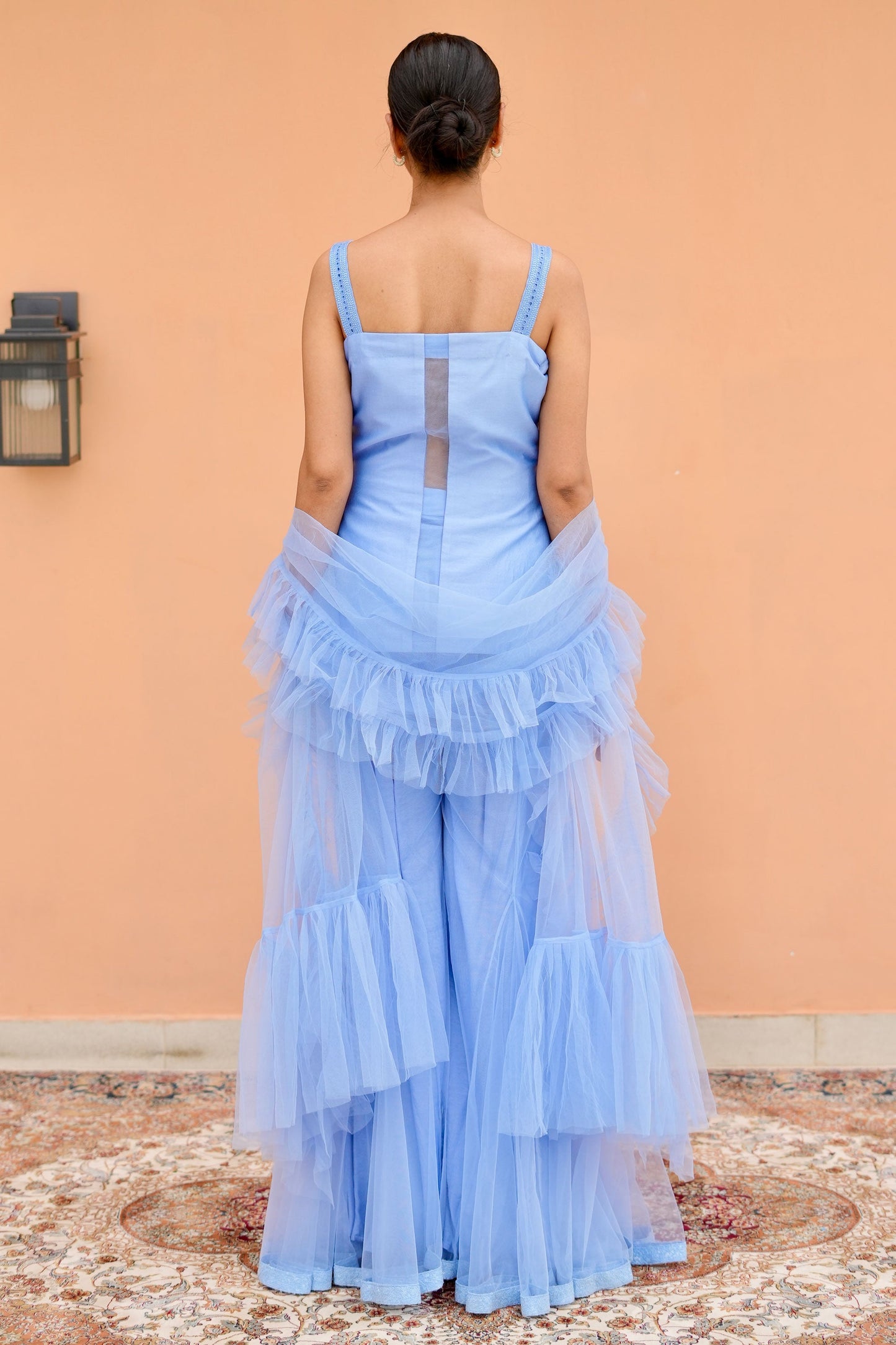 Luxury Indigo Blue Indo Western Ensemble With Chanderi Kurta Net Palazzo And Cutwork Dupatta