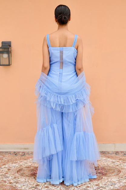 Luxury Indigo Blue Indo Western Ensemble With Chanderi Kurta Net Palazzo And Cutwork Dupatta