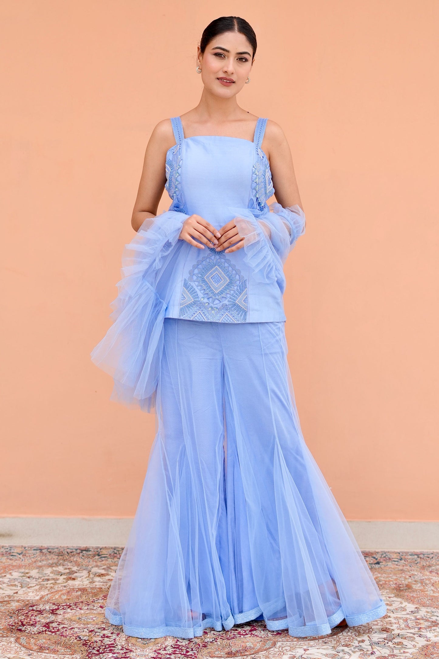 Luxury Indigo Blue Indo Western Ensemble With Chanderi Kurta Net Palazzo And Cutwork Dupatta