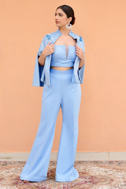Designer Indigo Indo Western Outfit Featuring Bustier Palazzo And Sequined Jacket