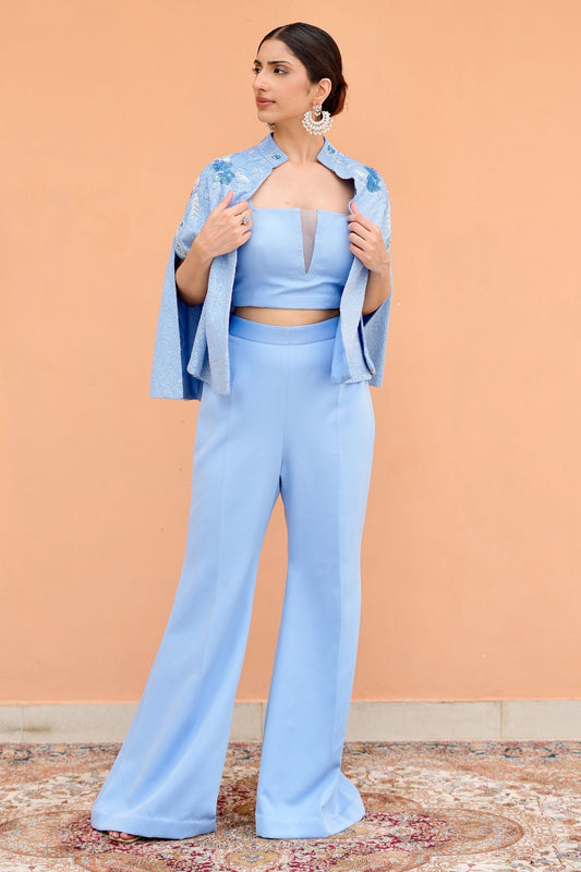 Designer Indigo Indo Western Outfit Featuring Bustier Palazzo And Sequined Jacket