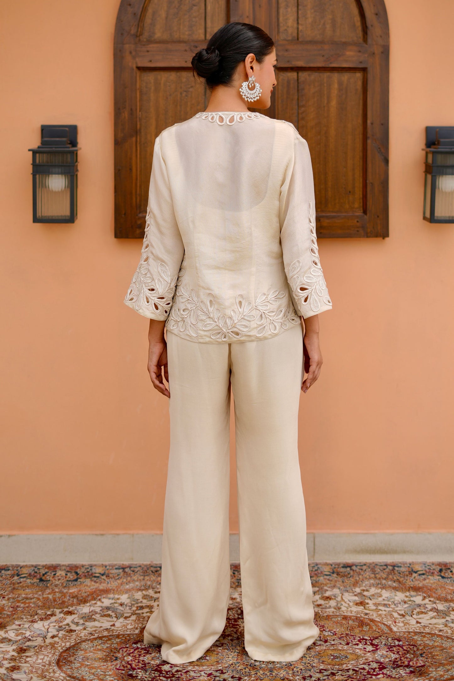 Off White Pintuck Blouse With Cutwork Palazzo And Embellished Indo Western Jacket