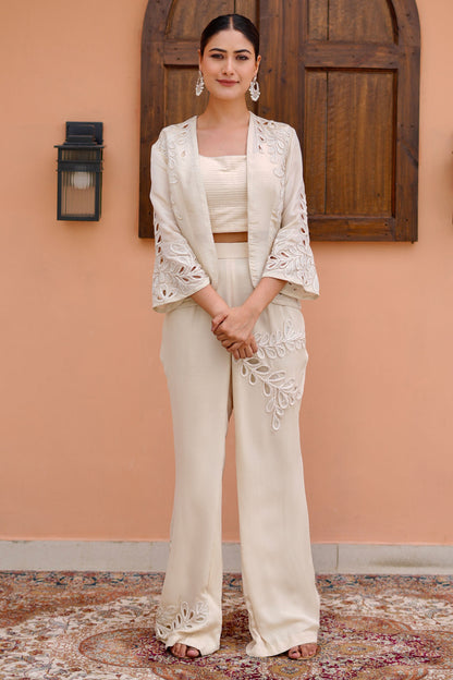 Off White Pintuck Blouse With Cutwork Palazzo And Embellished Indo Western Jacket