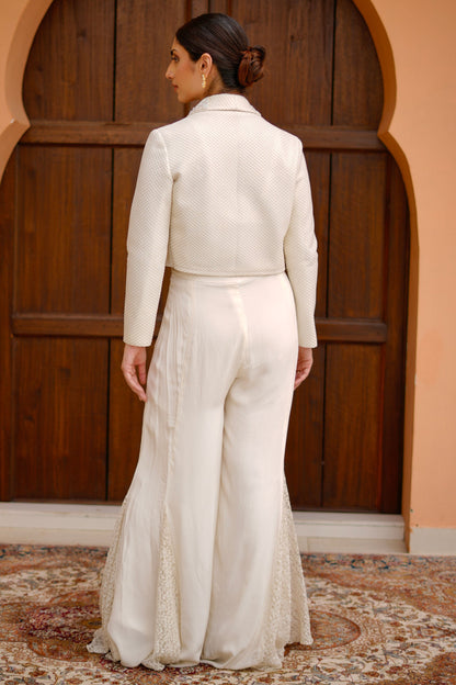 Off White Sequined Blouse With Flared Palazzo And Embellished Indo Western Jacket