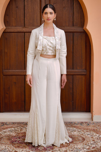 Off White Sequined Blouse With Flared Palazzo And Embellished Indo Western Jacket