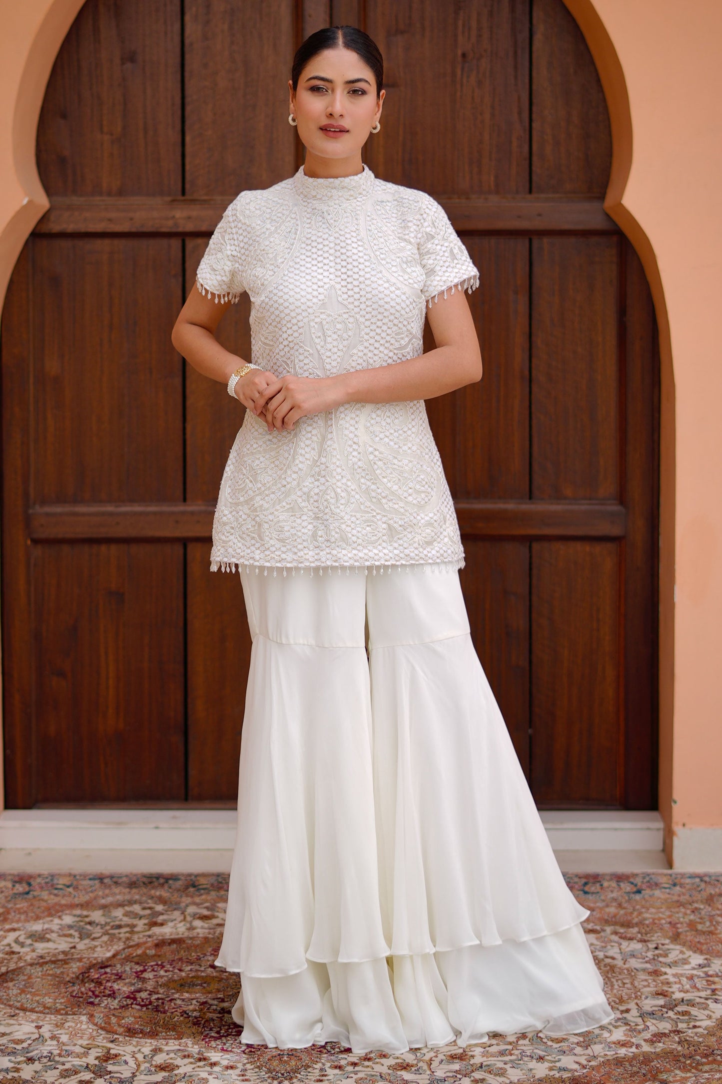 Elegant Off White Indo Western Ensemble With Cutdana Applique Kurti And Georgette Palazzo