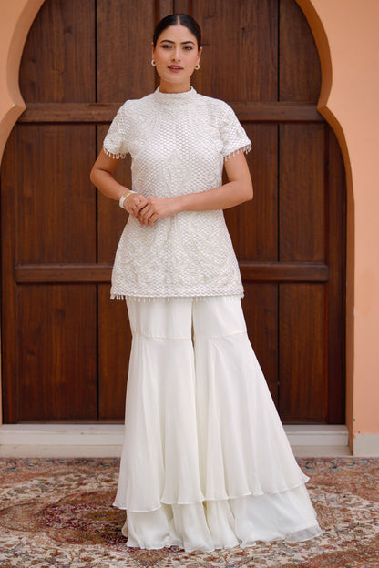 Elegant Off White Indo Western Ensemble With Cutdana Applique Kurti And Georgette Palazzo