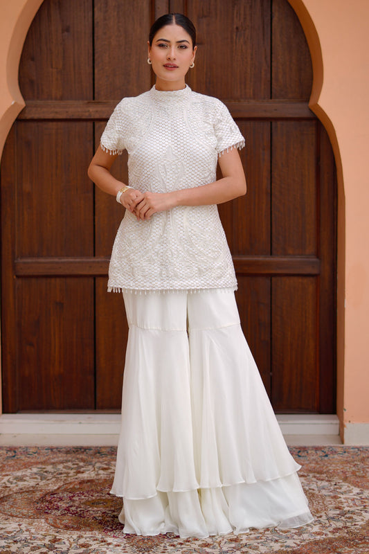 Elegant Off White Indo Western Ensemble With Cutdana Applique Kurti And Georgette Palazzo