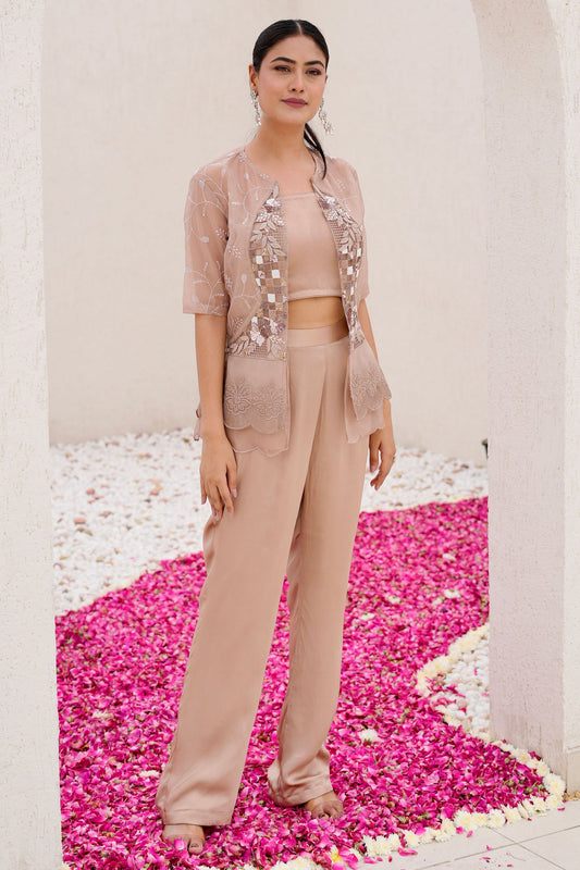 Elegant Mouse Indo Western Set With Satin Bustier Palazzo And Heavy Handwork Jacket