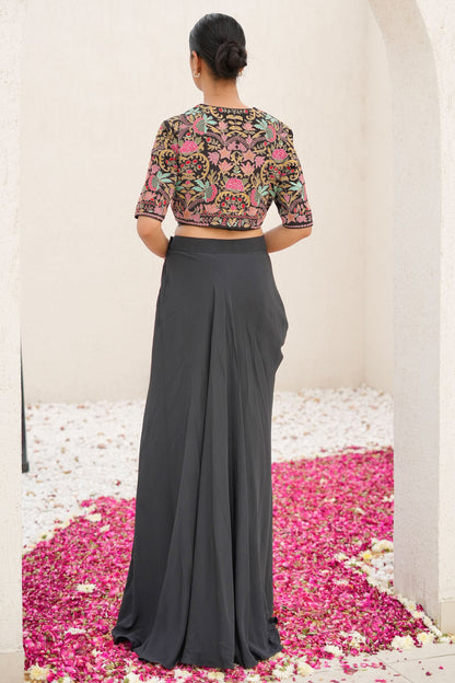 Black Indo Western Set With Colorful Threadwork Jacket Crepe Bustier And Cowl Drape