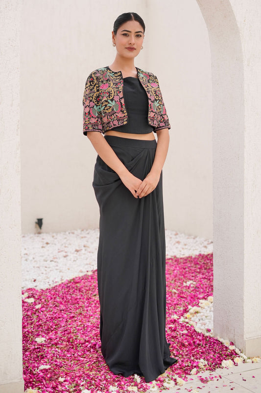 Black Indo Western Set With Colorful Threadwork Jacket Crepe Bustier And Cowl Drape