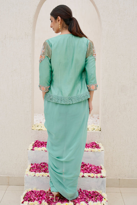 Sea Green Georgette Cowl One-Piece with Satin Pants and Embellished Indo-Western Jacket