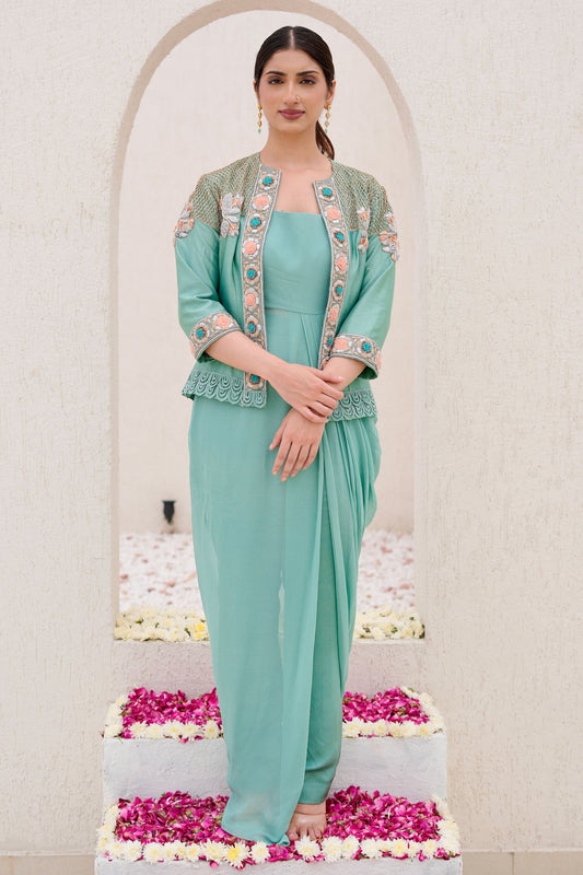 Sea Green Georgette Cowl One-Piece with Satin Pants and Embellished Indo-Western Jacket