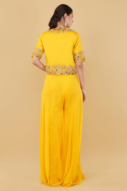 Elegant Yellow Georgette Plazo Set with Ornate Metallic and Dori Work Jacket