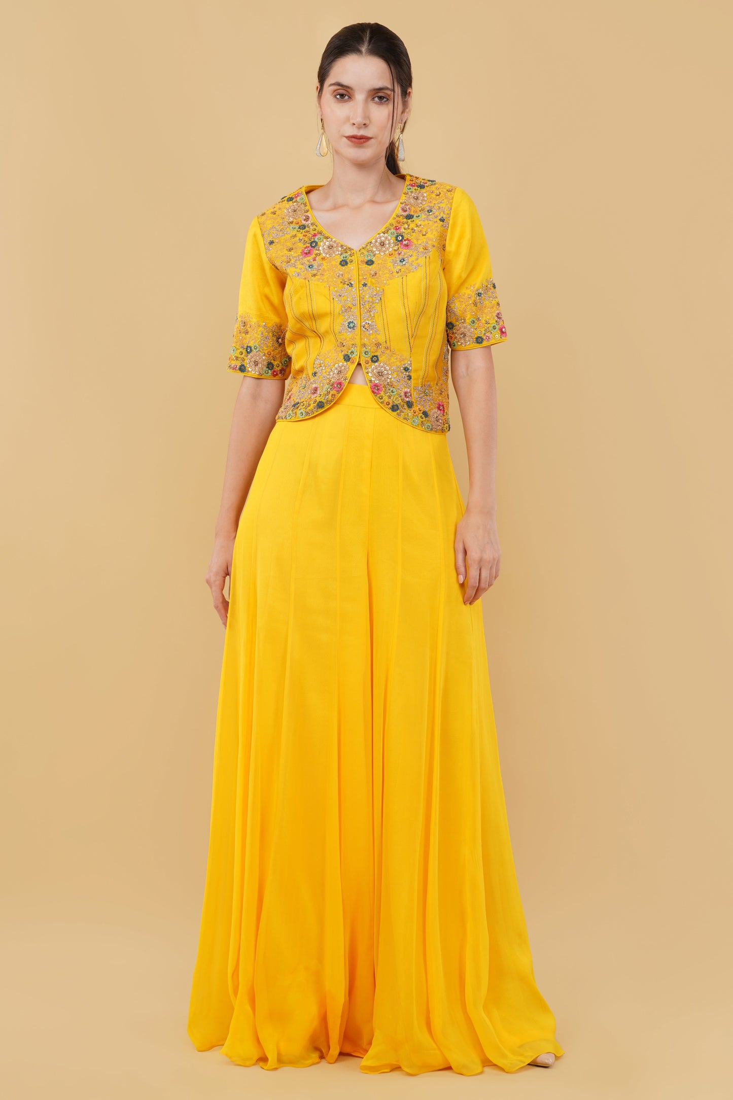 Elegant Yellow Georgette Plazo Set with Ornate Metallic and Dori Work Jacket