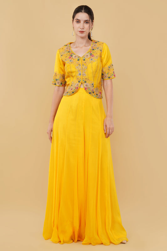 Elegant Yellow Georgette Plazo Set with Ornate Metallic and Dori Work Jacket