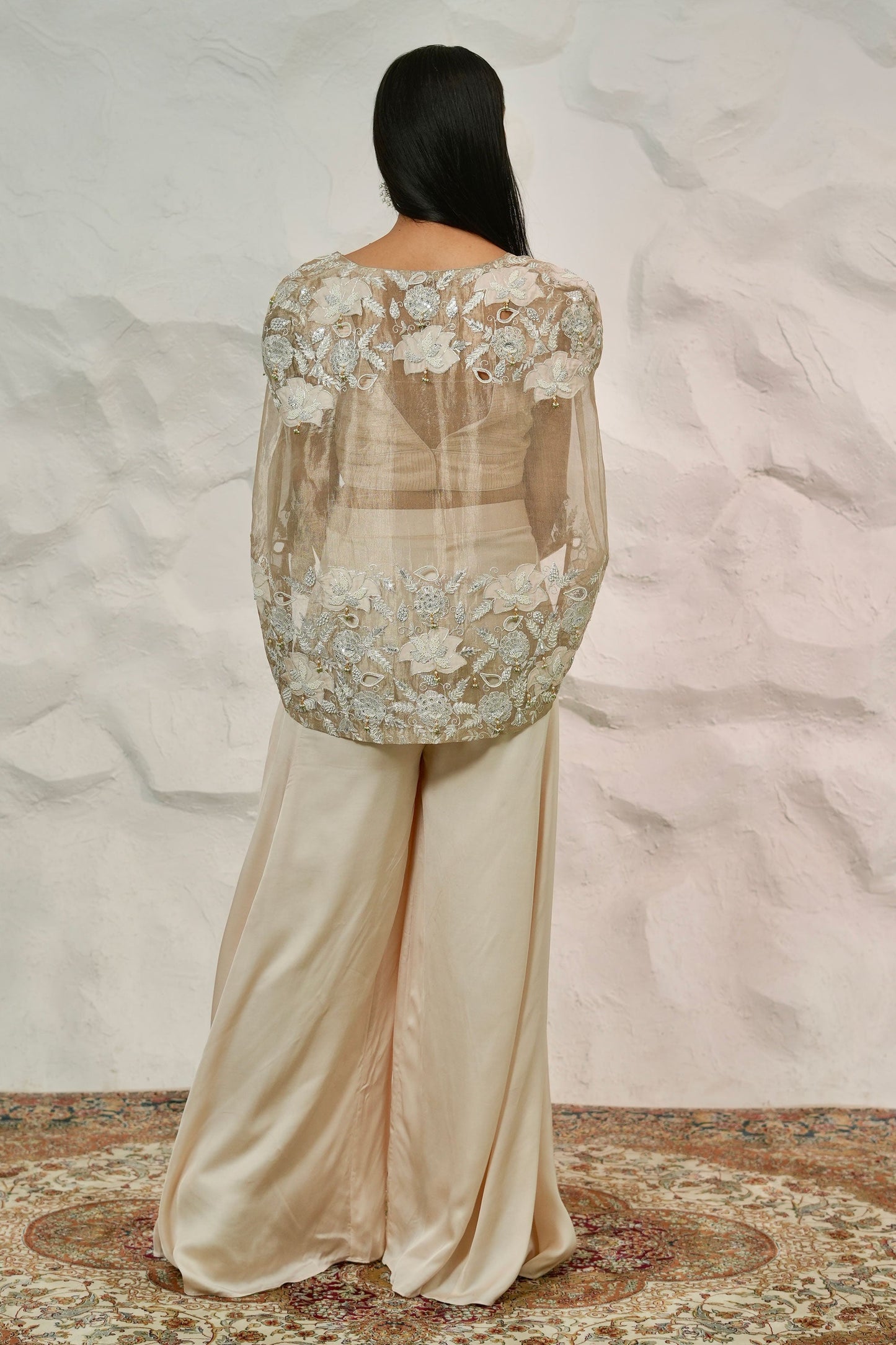 Elegant Beige Tissue Cape Outfit With Handwork Bustier And Satin Palazzo Pants