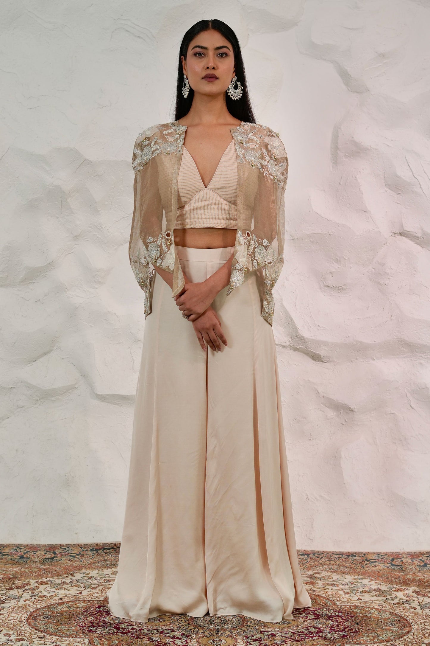 Elegant Beige Tissue Cape Outfit With Handwork Bustier And Satin Palazzo Pants