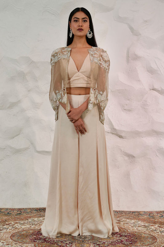 Elegant Beige Tissue Cape Outfit With Handwork Bustier And Satin Palazzo Pants