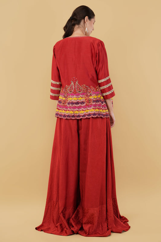 Elegant Red Jumpsuit Outfit with Intricate Thread and Pearl Embroidered Jacket