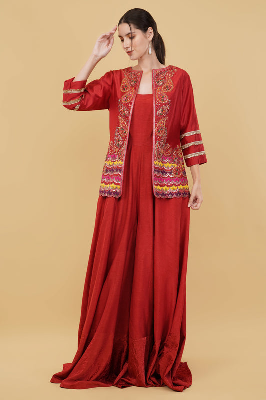 Elegant Red Jumpsuit Outfit with Intricate Thread and Pearl Embroidered Jacket
