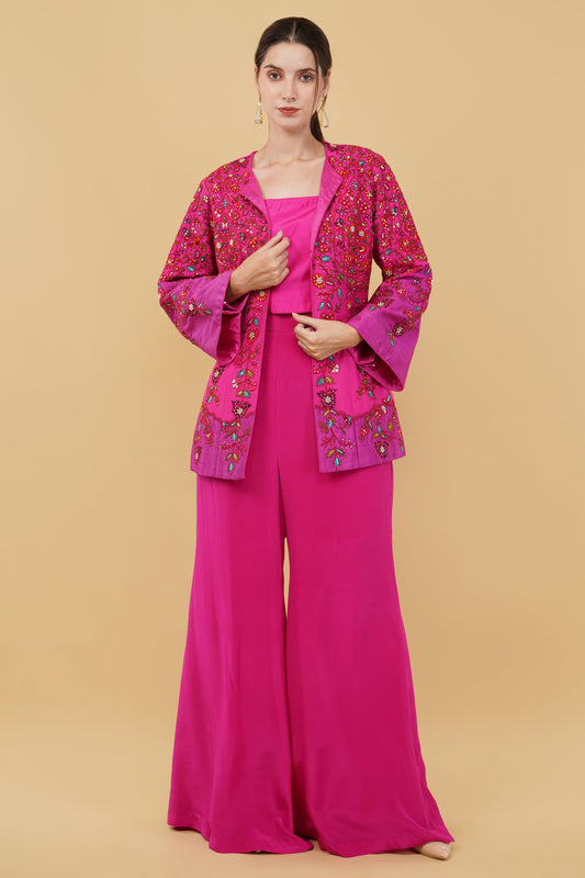 Embroidered Magenta Plazo Set with Bustier and Heavy Colorful Thread, Moti And Dabka Jacket