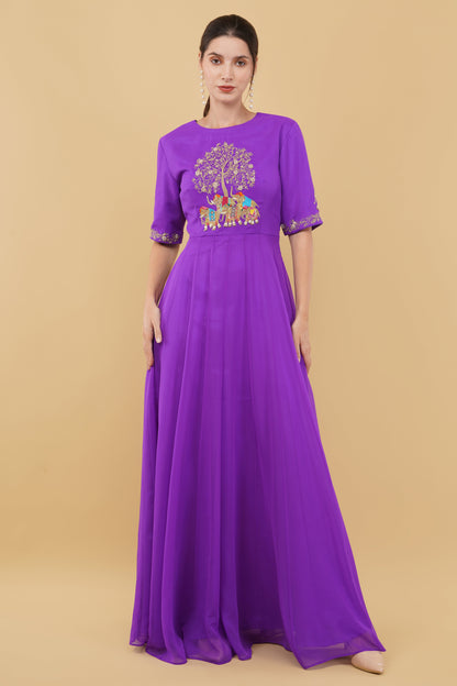 Designer Purple Anarkali Kurta Featuring Elephant Motif Handwork