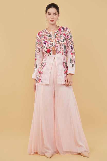 Pink Self Chanderi Kurti Set with Multicolor Thread Work and Sequin Cutdana Jacket