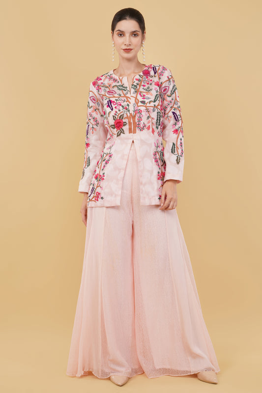 Pink Self Chanderi Kurti Set with Multicolor Thread Work and Sequin Cutdana Jacket