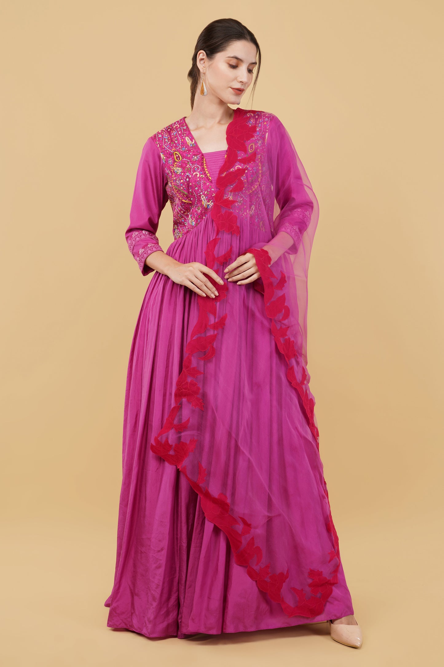 Festive Mauveish Pink Silk Anarkali with Kashmiri Embroidery on Yoke And Organza Dupatta