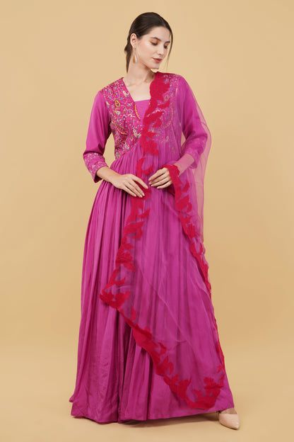 Festive Mauveish Pink Silk Anarkali with Kashmiri Embroidery on Yoke And Organza Dupatta
