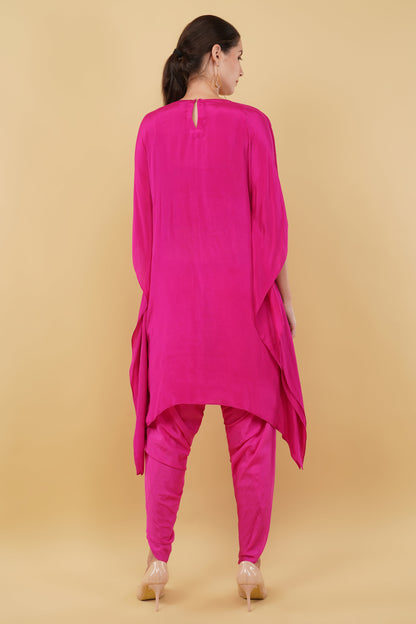 Magenta Kaftan Set with Heavy Mirror And Thread Work Neckline