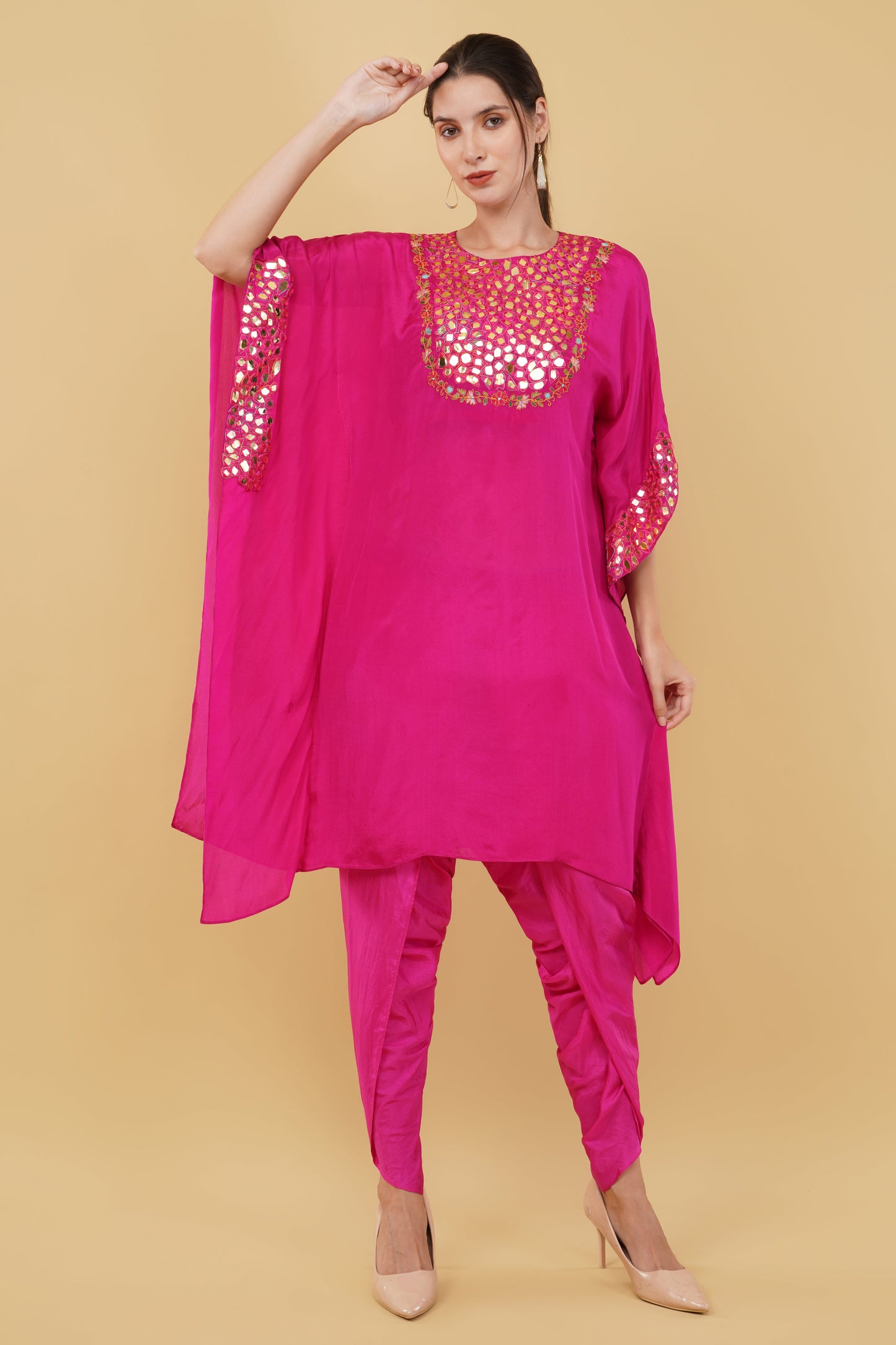Magenta Kaftan Set with Heavy Mirror And Thread Work Neckline