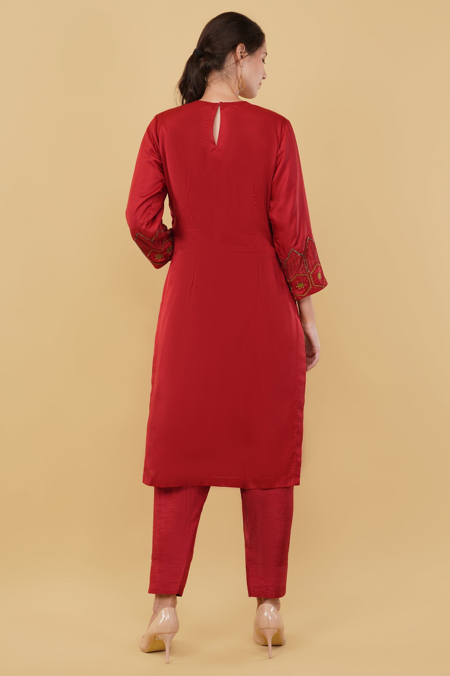 Red Suit Set with Heavy Metal Coin Work on Neckline and Sleeves