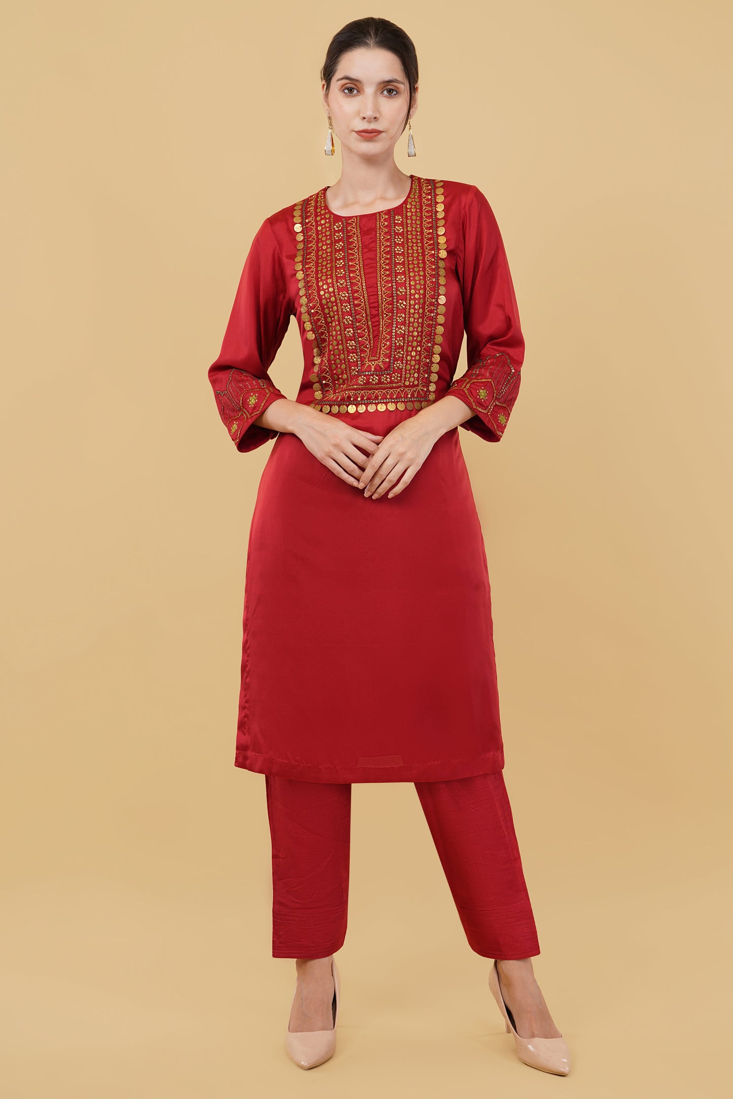 Red Suit Set with Heavy Metal Coin Work on Neckline and Sleeves