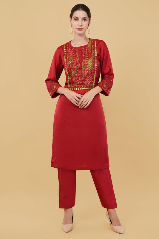 Red Suit Set with Heavy Metal Coin Work on Neckline and Sleeves
