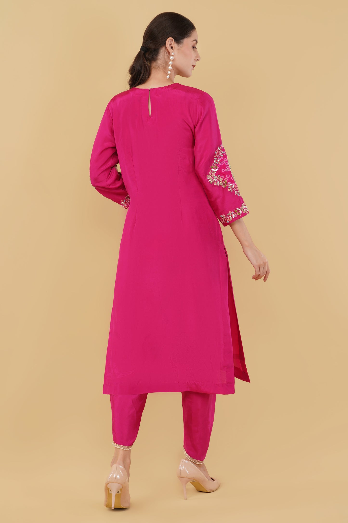 Elegant Magenta Silk Kurti with Colorful Thread Work and Matching Silk Dhoti