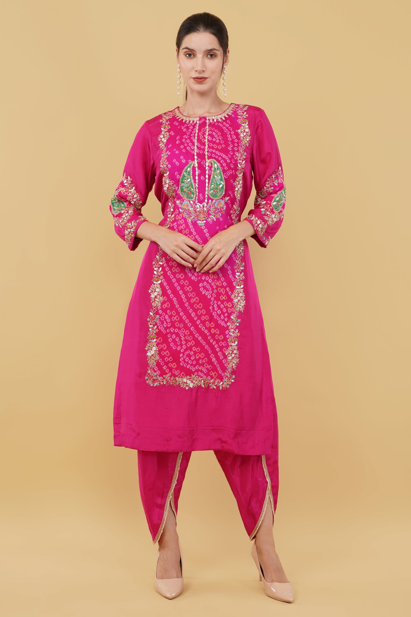 Elegant Magenta Silk Kurti with Colorful Thread Work and Matching Silk Dhoti