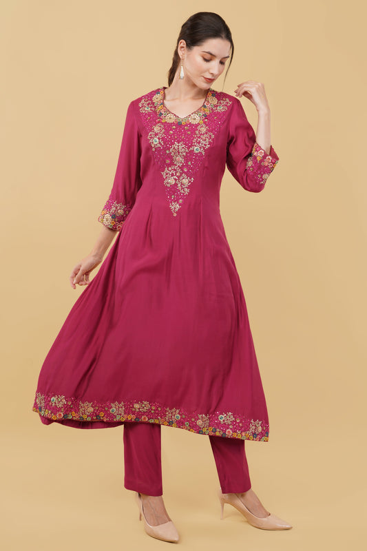Mauve Pink A-Line Kurti Set with Zardosi And Dori Hand Embellishment