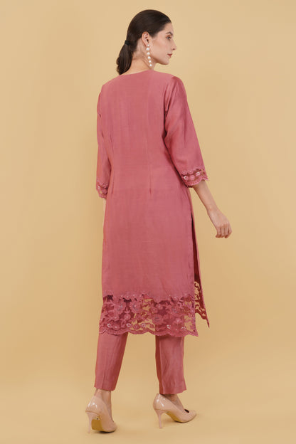 Elegant Salmon Straight Suit with Cutwork Front Panel and Pants